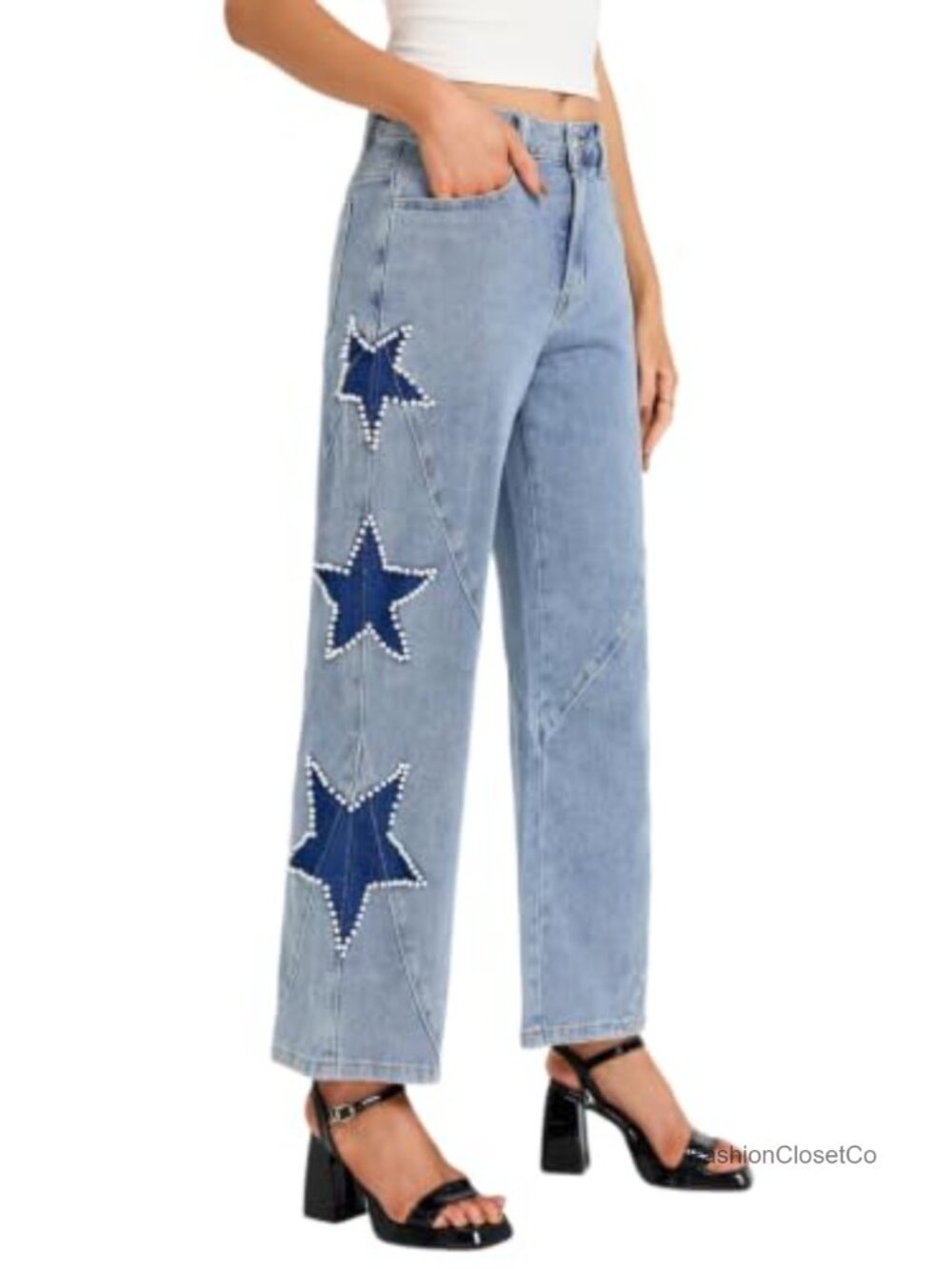 High Waisted Wide Leg Jeans Star Pearl Beaded Y2K Denim Pants